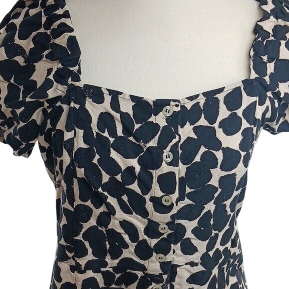 H&M Blouse Black Cream Puff Short Sleeve Animal Print Linen Blend Womens Size M - Picture 3 of 7